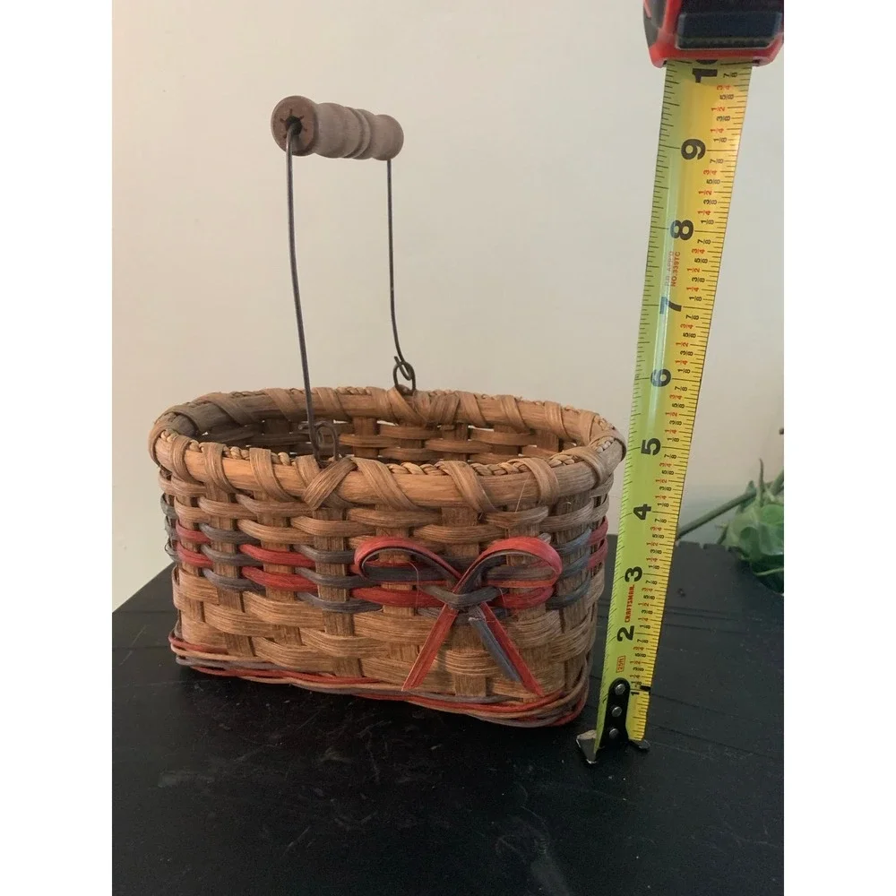 Vintage Mini Woven Basket Wire Handle Wooden Grip Country Decor Bow